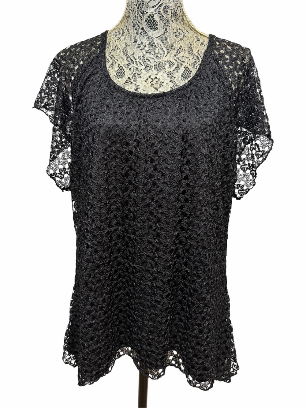 Ashley Blue 3XL Black Crochet Lace Open Knit Short Sleeve Boho Tunic Top